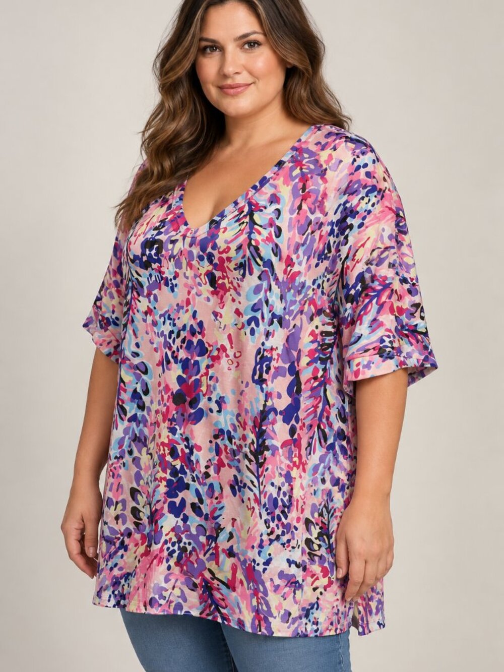 New Emery Rose XL Pink Multicolor Abstract Floral V Neck Tunic Top NWT